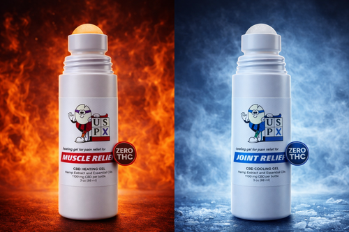 Two bottles of USPX heating and cooling gel with fiery and icy backgrounds.